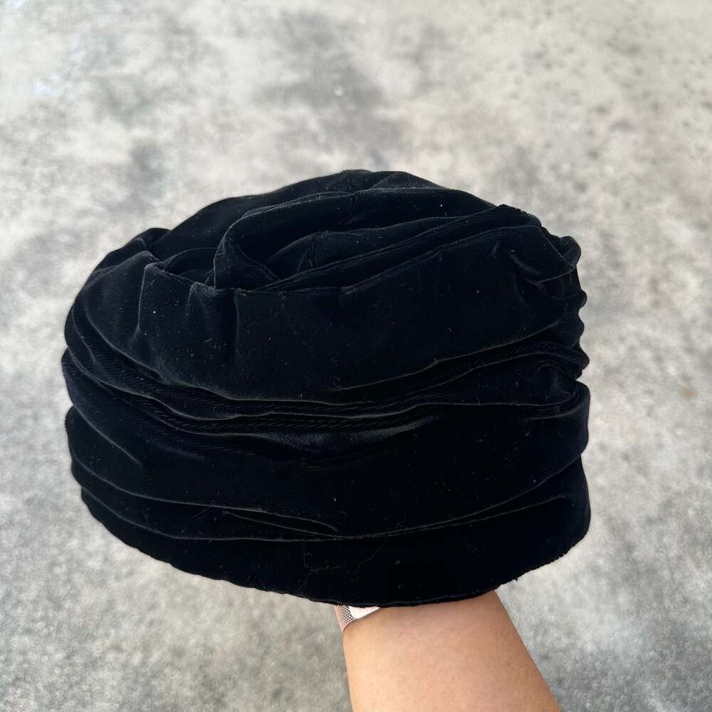 Giorgio Armani Black Velvet Ruched Calot Hat